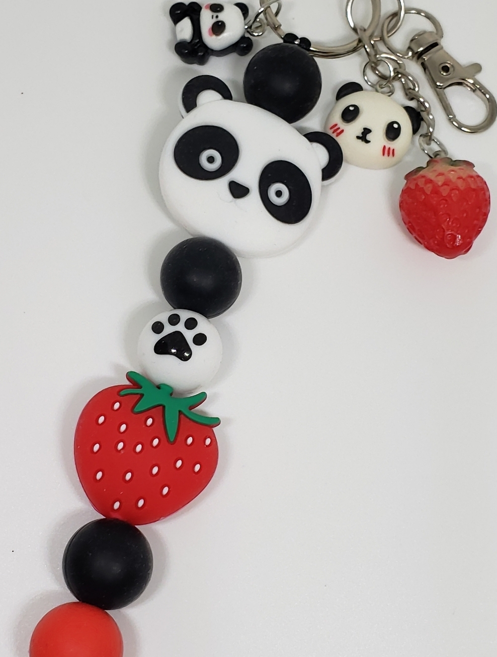 Handmade Silicone Focal Beaded Kawaii Strawberry Panda Keychain